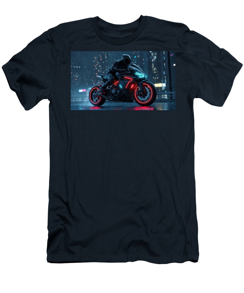 Futuristic Motorcycle in Rainy City Mango Art T-Shirt
