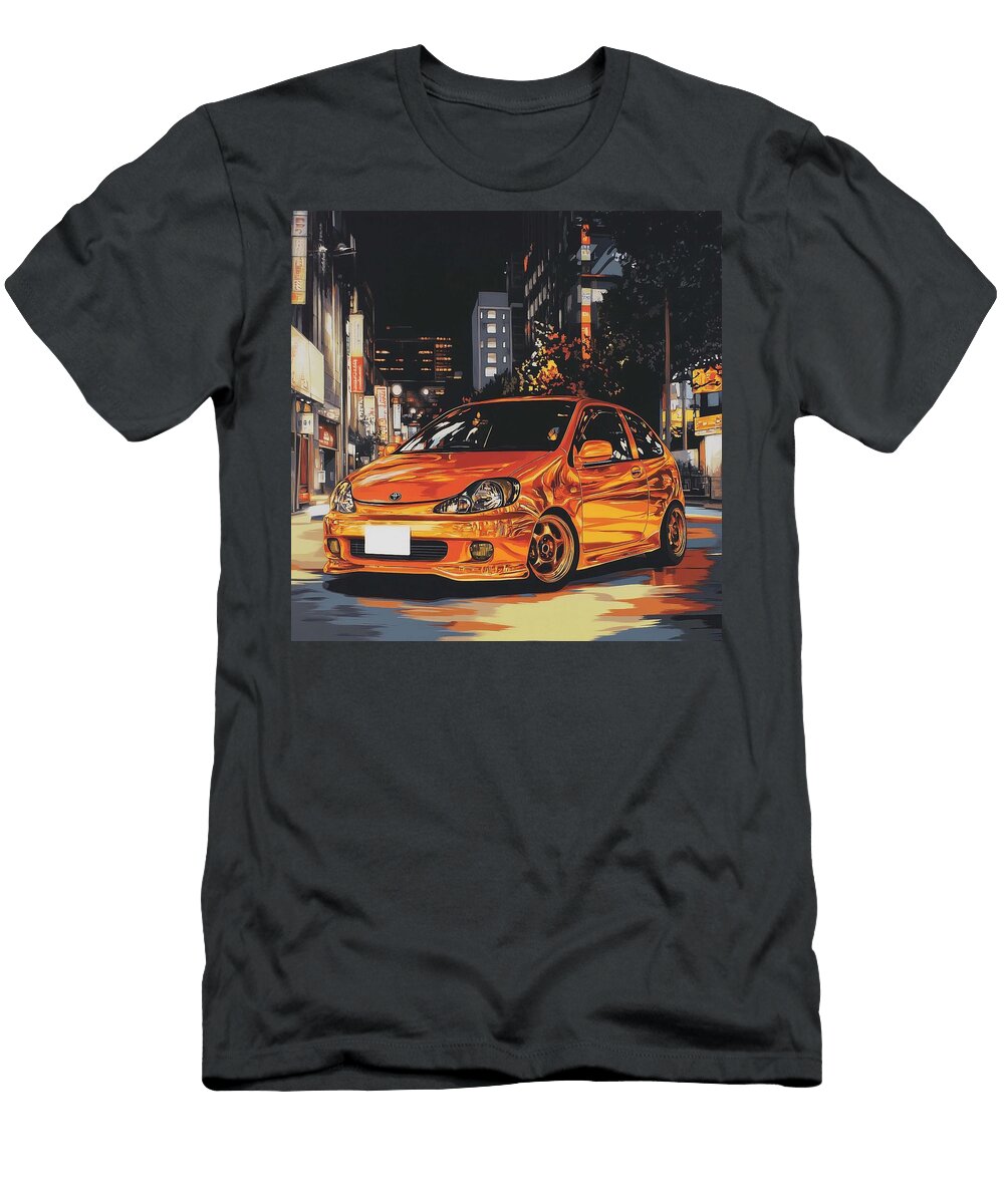 Golden Car in a Neon Cityscape Urban Car Night Cityscape Toyota Vitz 1999 Japan Hatchback Jdm Car Sh Grayson Sheppard T-Shirt