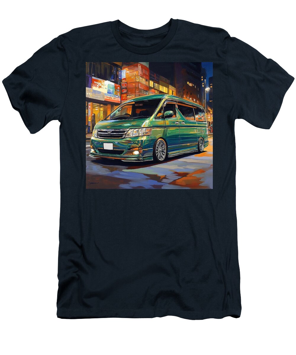 Green Van in Neon Cityscape Night Scene Custom Car Toyota Vellfire 2002 Japan Minivan Jdm Car Vintag Grayson Sheppard T-Shirt