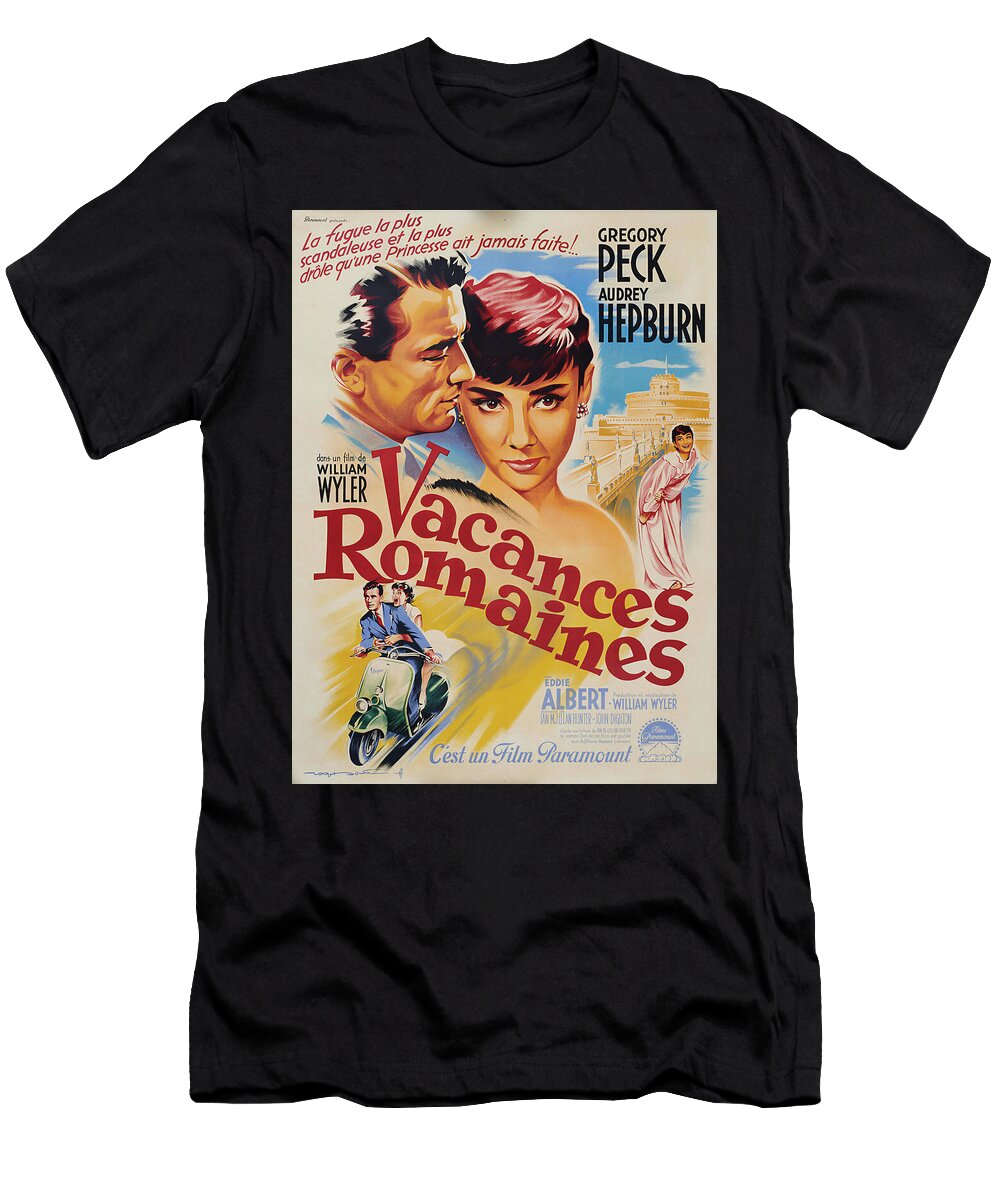 Gregory Peck Audrey Hepburn in Roman Vacation Vintage Art Retro Poster Vintage Treasure Sampadart Gallery T-Shirt