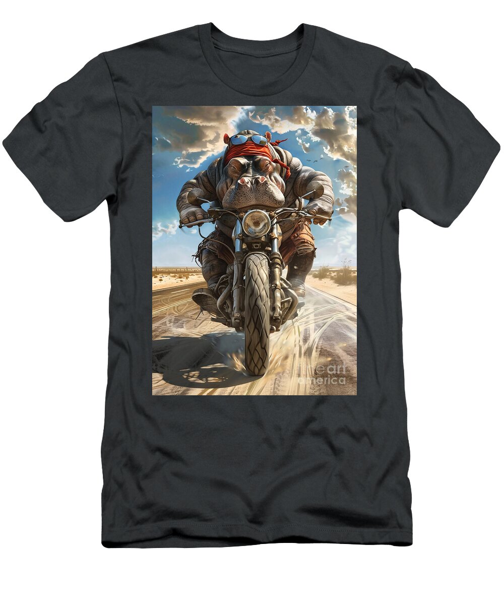 Hippopotamus Biker Desert Road Trip Rhys Jacobson T-Shirt