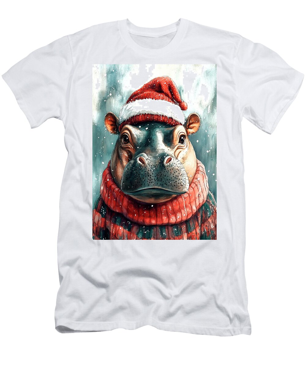 Hippopotamus Cute Hippopotamus Wearing a Santa Hat and Sweater in the Snow Rhys Jacobson T-Shirt