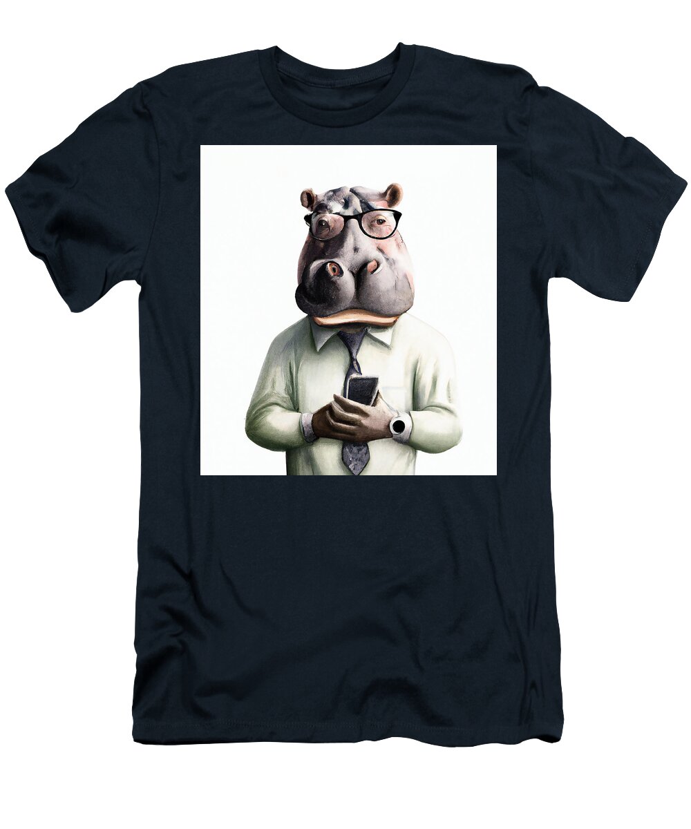 Hippopotamus Executive Checking His Phone Stellart Studio T-Shirt