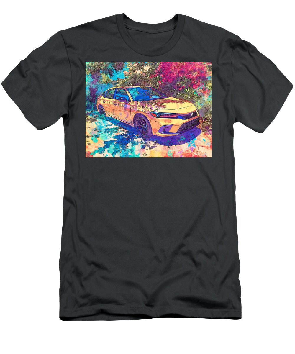 Honda Civic 2023 Sedan Outdoor Scene Colorful Car Vibrant Car in Garden Setting Hollie Love T-Shirt