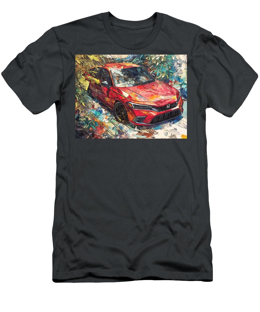 Honda Civic 2023 Sedan Red Car Artistic Design Vibrant Red Car Art Hollie Love T-Shirt