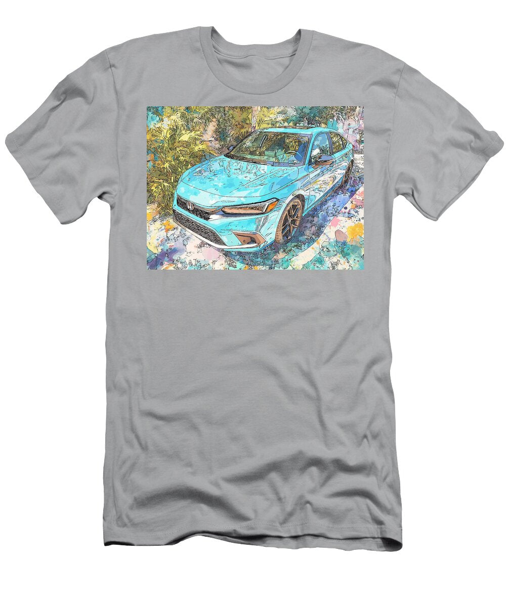 Honda Civic 2023 Sedan Tropical Scene Blue Car Vibrant Blue Car in Tropical Setting Hollie Love T-Shirt