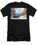 Honda Civic Hatchback Blue Car on a Mountain Road with Japanese Temple and Autumn Leaves Kyran Estrada T-Shirt