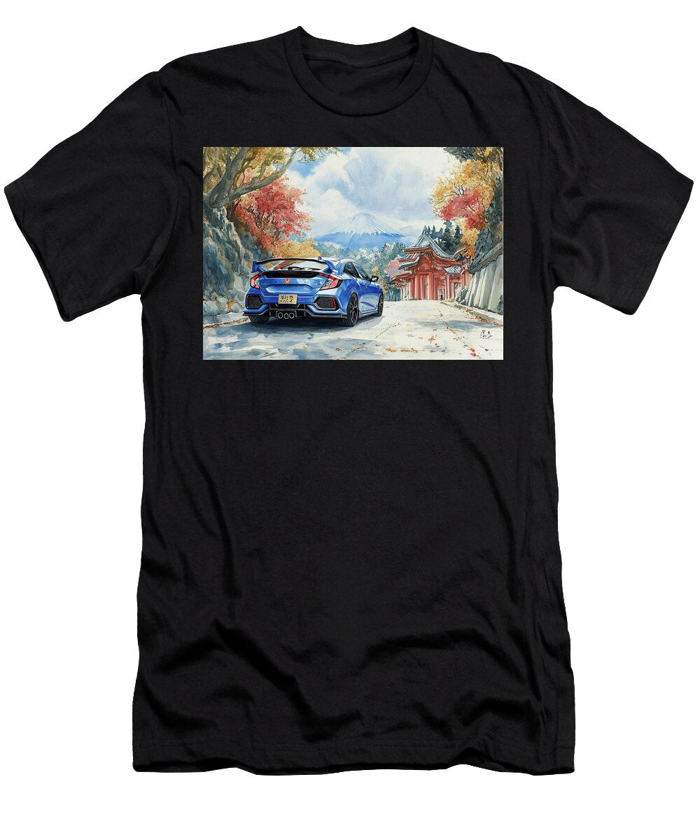 Honda Civic Hatchback Blue Car on a Mountain Road with Japanese Temple and Autumn Leaves Kyran Estrada T-Shirt