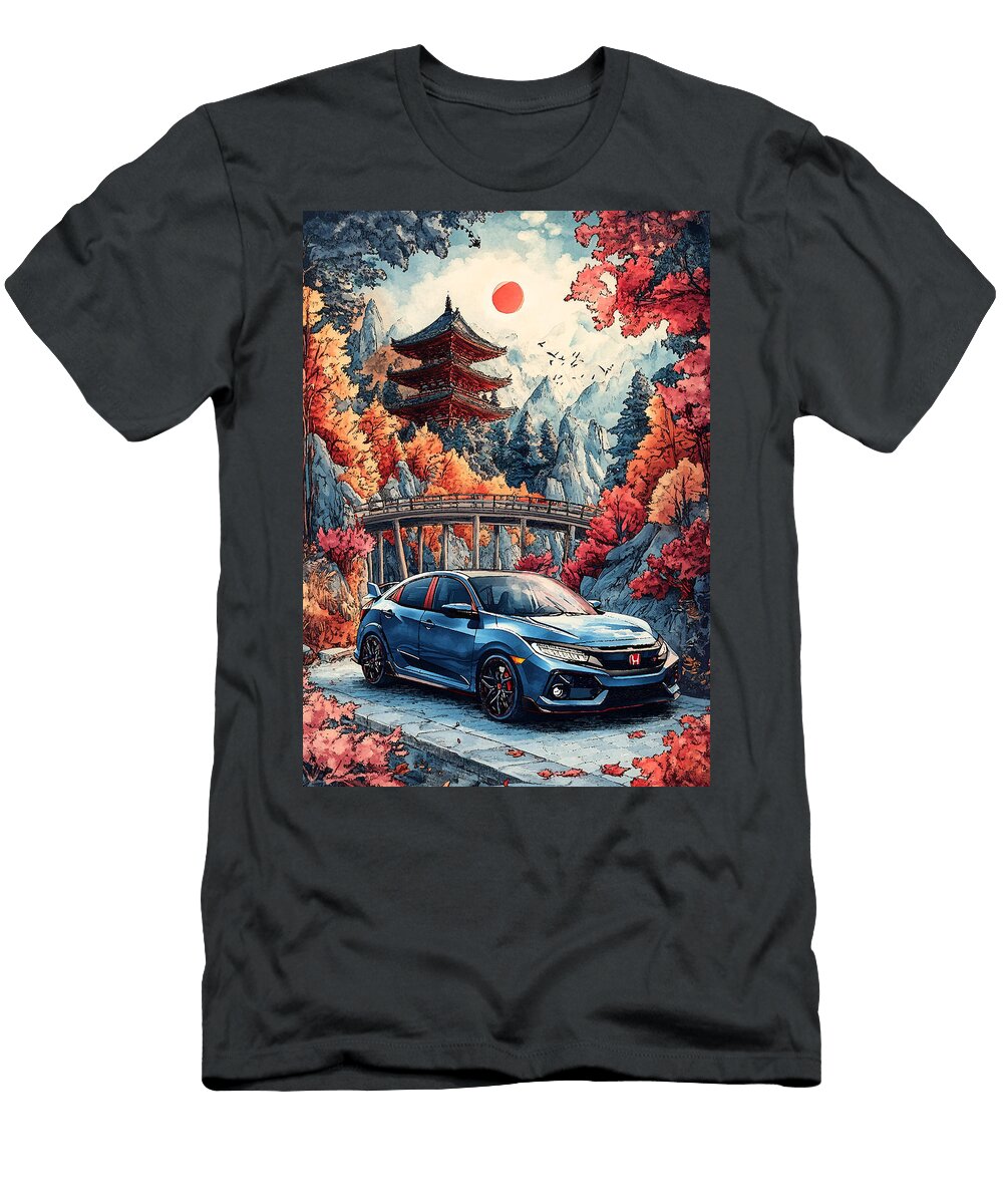 Honda Civic Hatchback Blue Sports Car in a Japanese Mountain Landscape Kyran Estrada T-Shirt