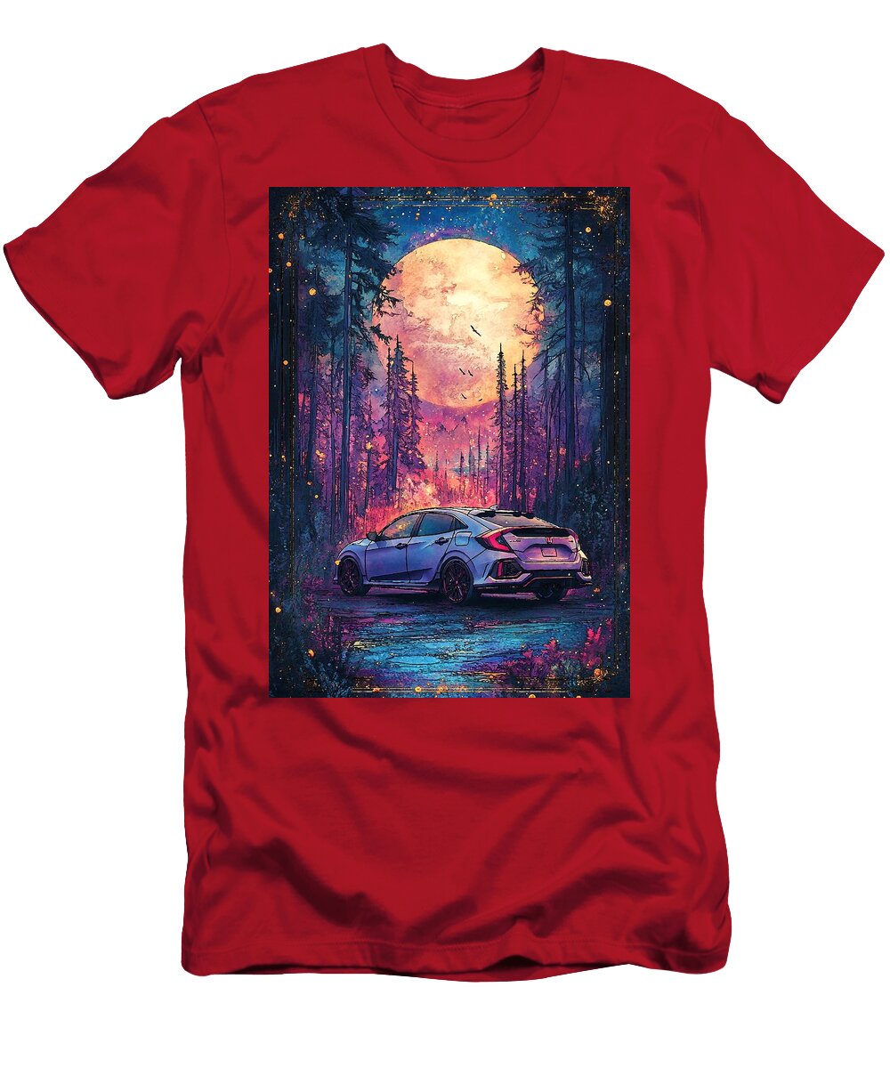 Honda Civic Hatchback Car Mystical Forest Drive Under a Full Moon Kyran Estrada T-Shirt
