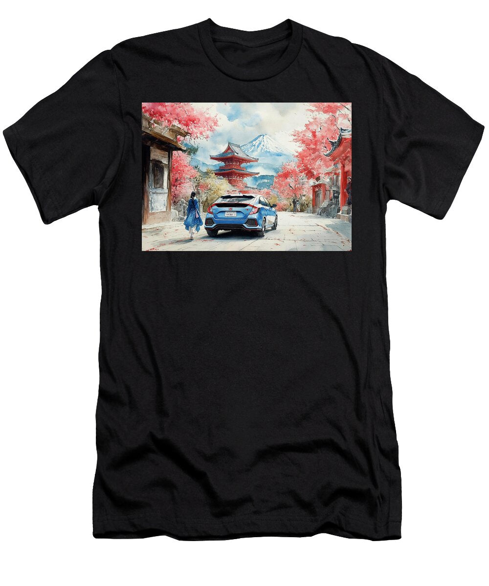 Honda Civic Hatchback Japanese Temple Watercolor with Cherry Blossoms and Mountain View Kyran Estrada T-Shirt