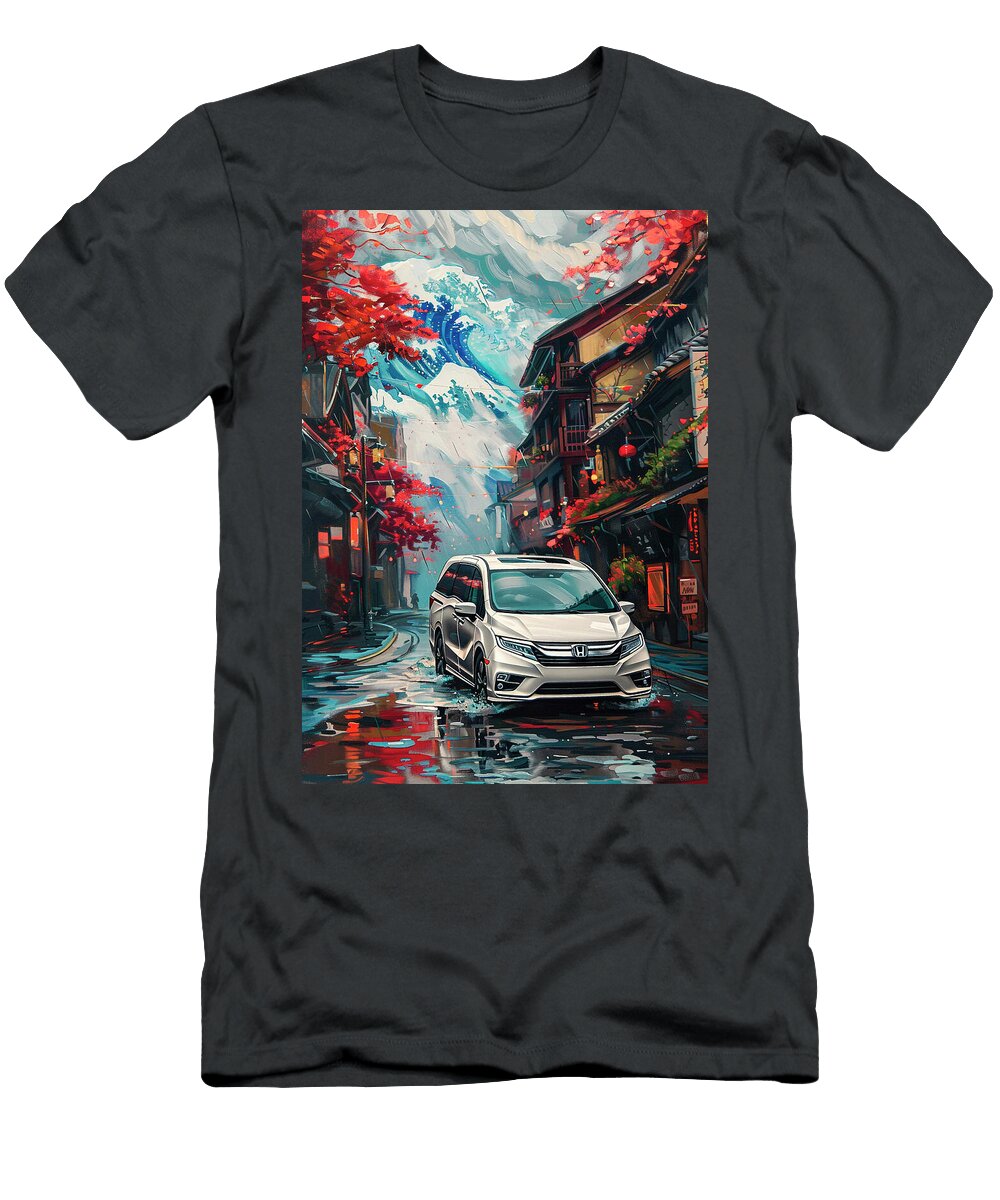 Honda Odyssey Minivan Driving Through a Rainy Japanese Street with Great Wave Art Kari Goldfalse T-Shirt