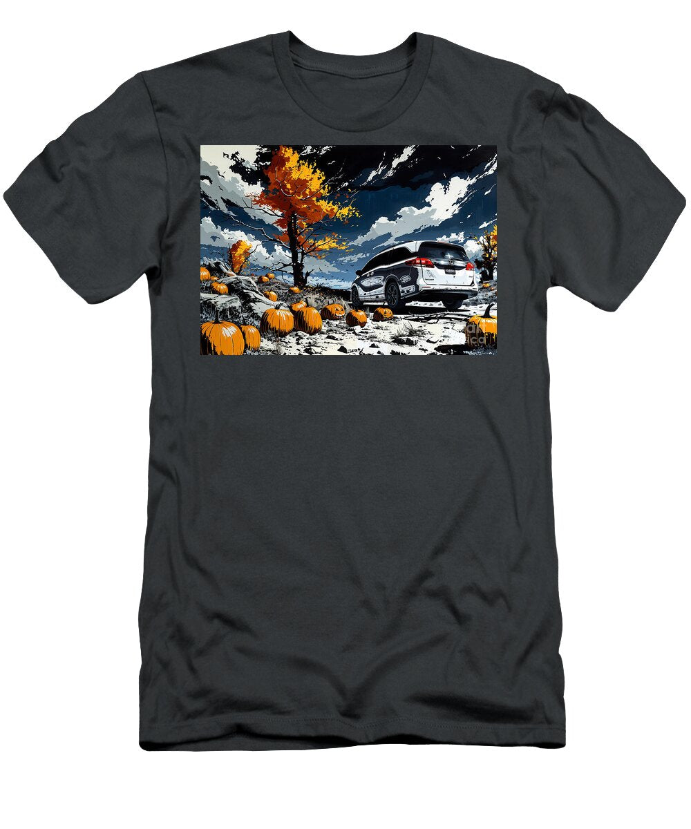 Honda Odyssey Parked in a Pumpkin Patch with Autumn Leaves and Jack O Lanterns Clark Leffler T-Shirt