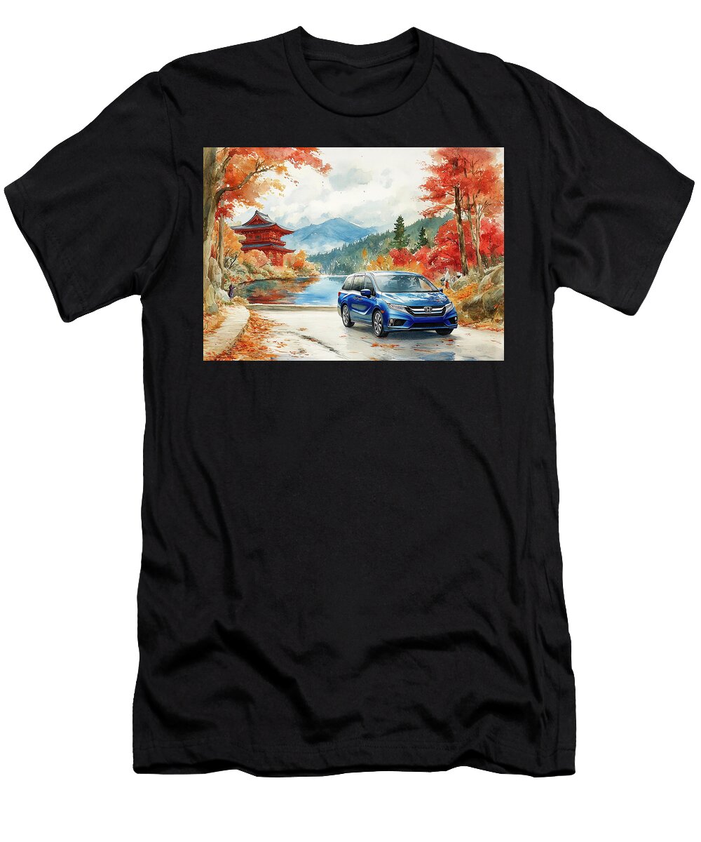 Honda Odyssey Watercolor of a Blue Minivan Parked in a Scenic Autumn Landscape Kyran Estrada T-Shirt