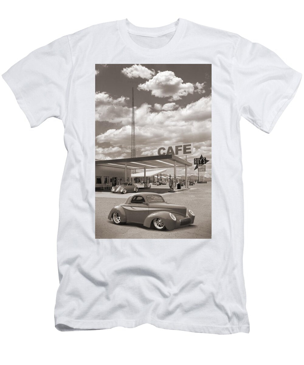 Hot Rods At Roys Gas Station Sepia Mike Mcglothlen T-Shirt