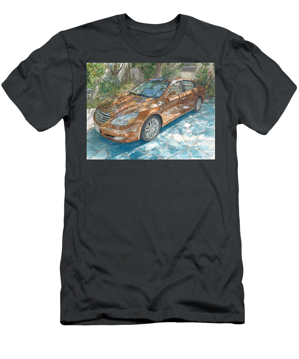 Hyundai Azera 2006 Sedan Outdoor Scene Detailed Car Drawing Parked Car in Garden Setting Hollie Love T-Shirt