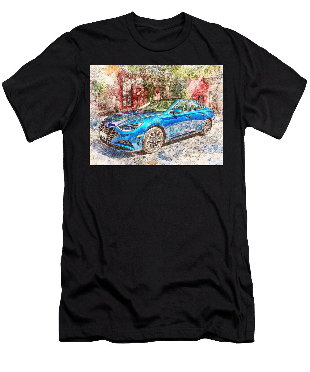 Hyundai Sonata 2023 Sedan Urban Scene Blue Sedan Blue Sedan in a Cityscape Hollie Love T-Shirt