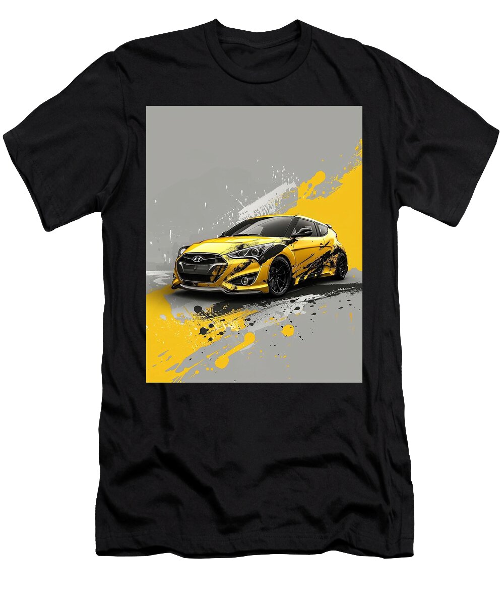 Hyundai Stride Hyundai Veloster Turbo Hatchback Yellow Sports Car with Aggressive Graphics Cortez Schinner T-Shirt