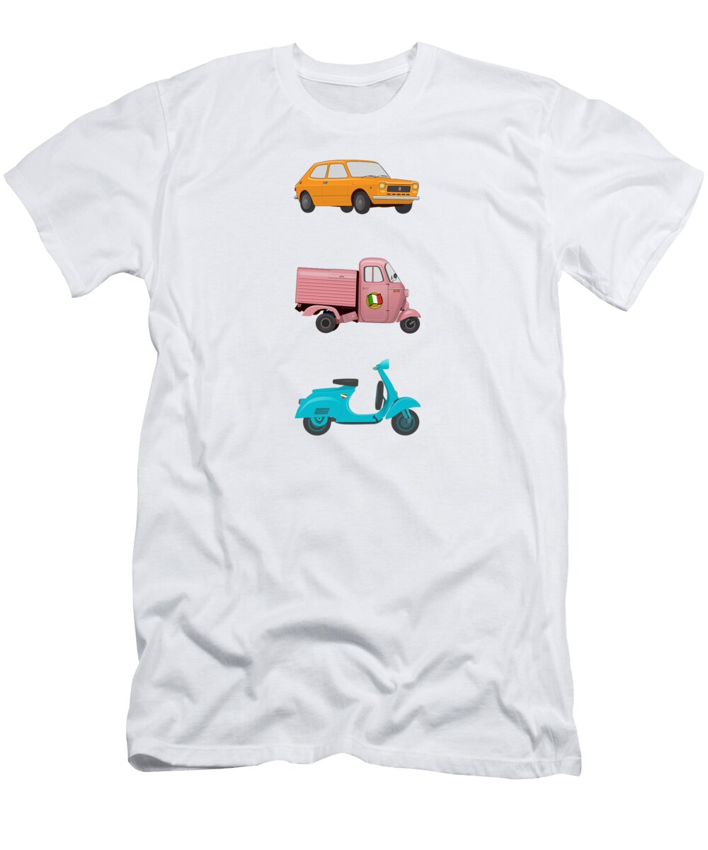 Iconic Italian Vehicles Scooter Rikshaw and Car Idan Badishi T-Shirt