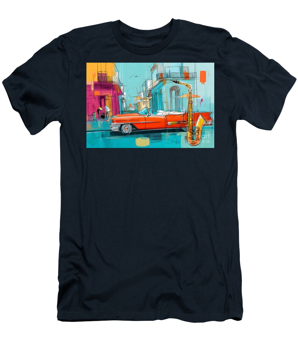 Ignite Havanas Urban Jazz Scene Vibrant Saxophone and Vintage Car in Motion Olfactoart Studio T-Shirt