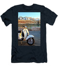 Italy Apulia Bari District Mediterranean Sea Adriatic Sea Adriatic Coast Murge Monopoli Vintage Vespa with Old Town in the Back Luigi Vaccarella T-Shirt