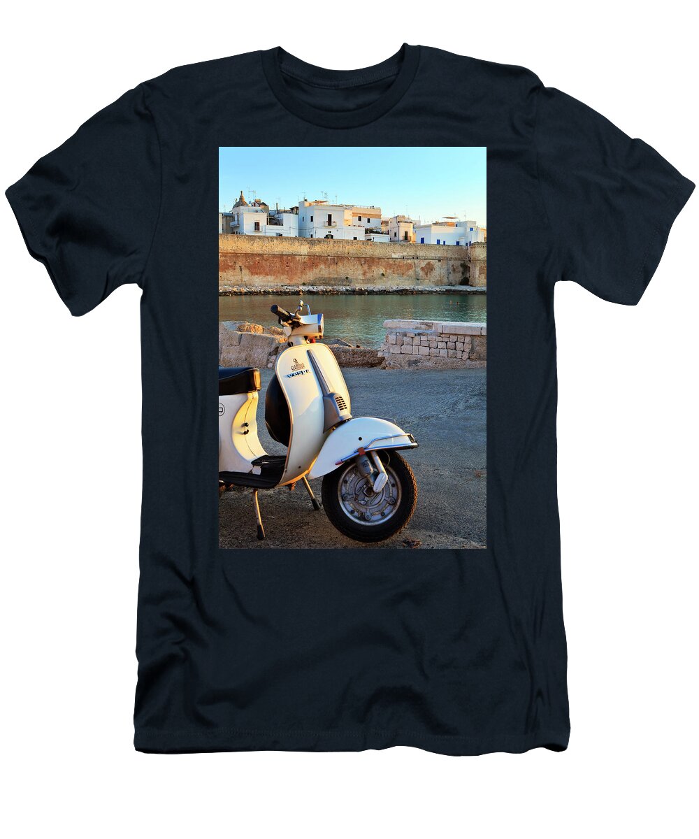 Italy Apulia Bari District Mediterranean Sea Adriatic Sea Adriatic Coast Murge Monopoli Vintage Vespa with Old Town in the Back Luigi Vaccarella T-Shirt