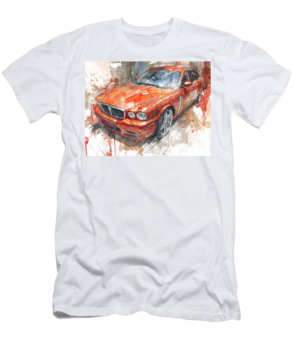Jaguar Xj 2006 Sedan Luxury Car Watercolor Art Vibrant Red Car Watercolor Hollie Love T-Shirt