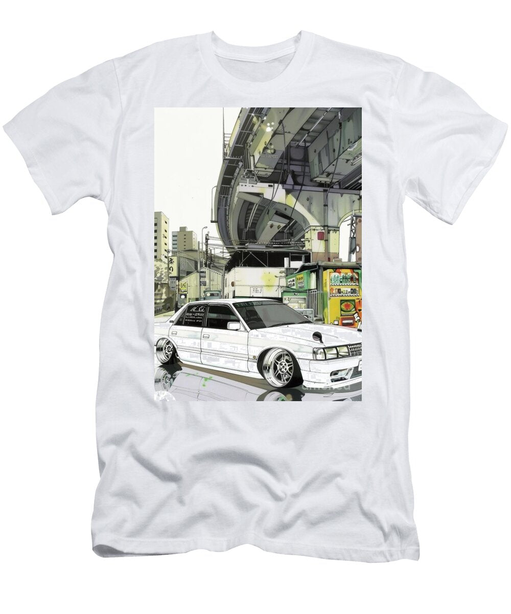 Japanese Cityscape with a White Modified Nissan Bluebird Car Lowell Harann T-Shirt