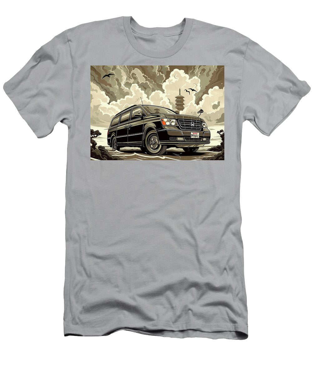 Japanese Minivan Illustration with Pagoda and Clouds Destiney Sullivan T-Shirt