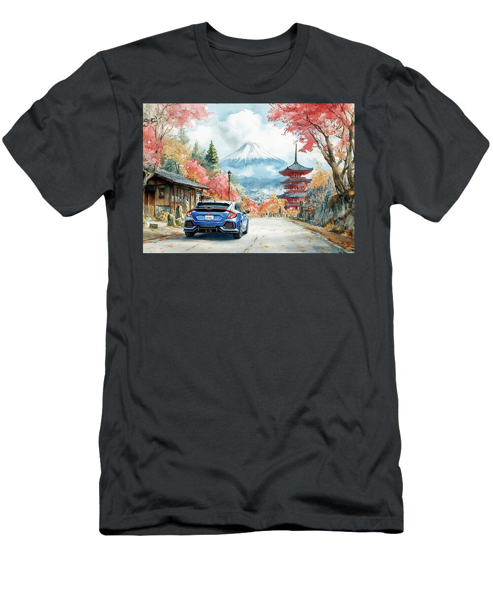 Japanese Mountain Landscape with Pagoda and Honda Civic Hatchback Car Kyran Estrada T-Shirt