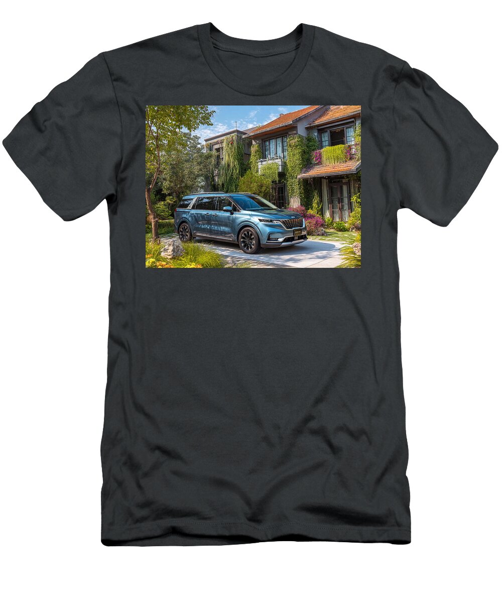 Kia Carnival 2023 Minivan Outdoor Scene Luxury Vehicle Elegant Suv in Lush Garden Setting Hollie Love T-Shirt