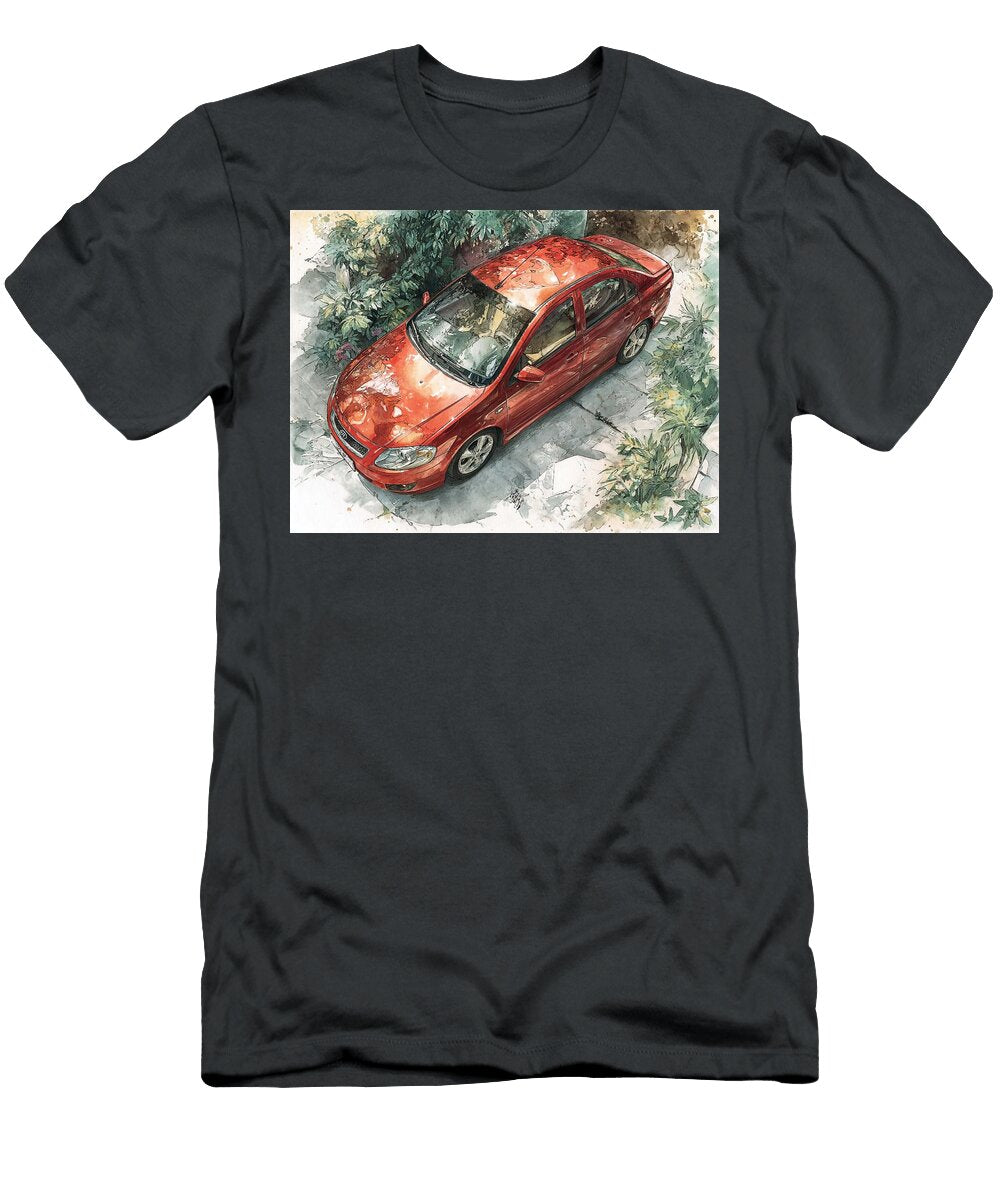 Kia Rio 2006 Sedan Botanical Art Red Car Red Car in Garden Scene Hollie Love T-Shirt