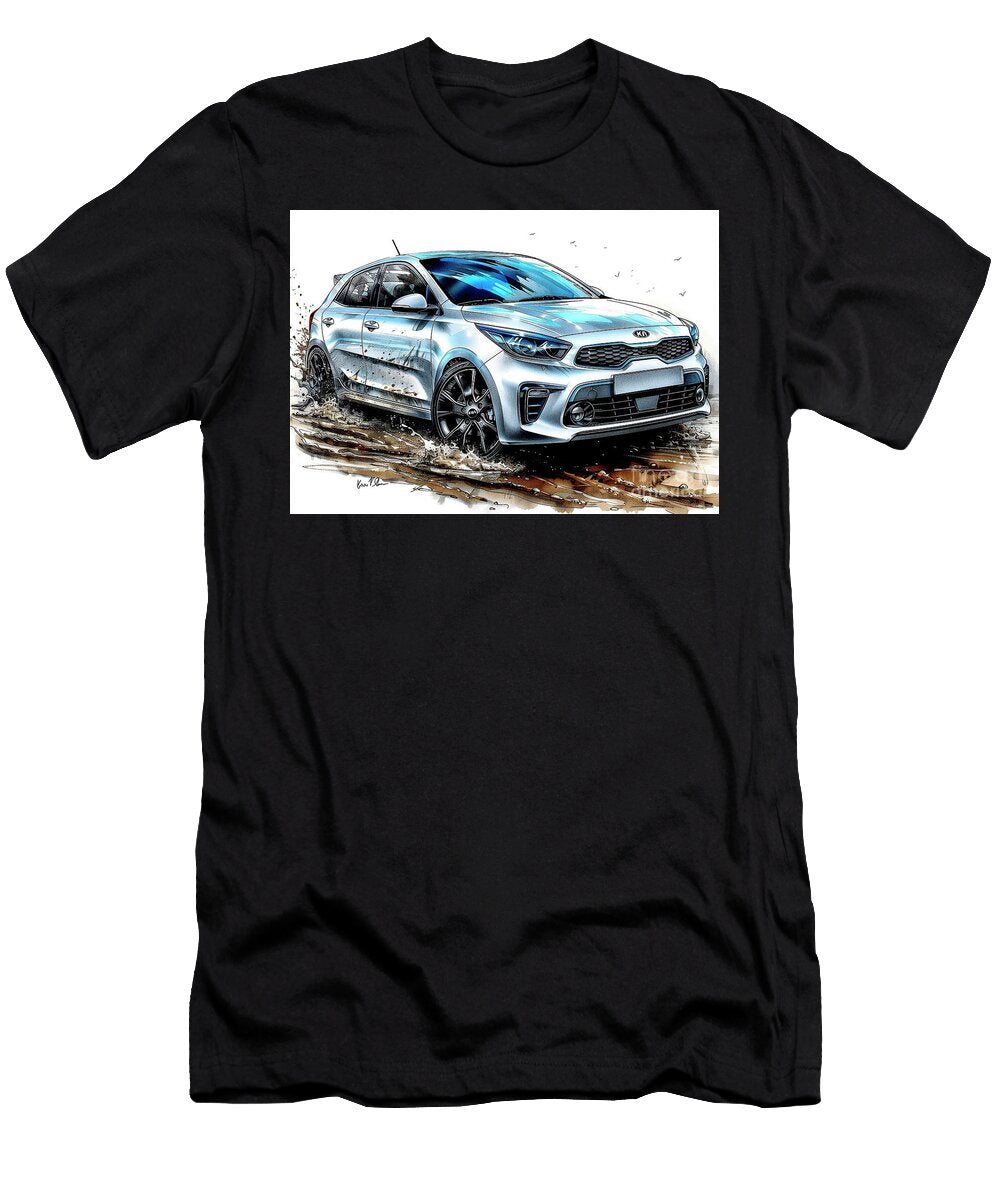 Kia Rio Kia Hatchback Car Driving Through Mud Front View Lowell Harann T-Shirt