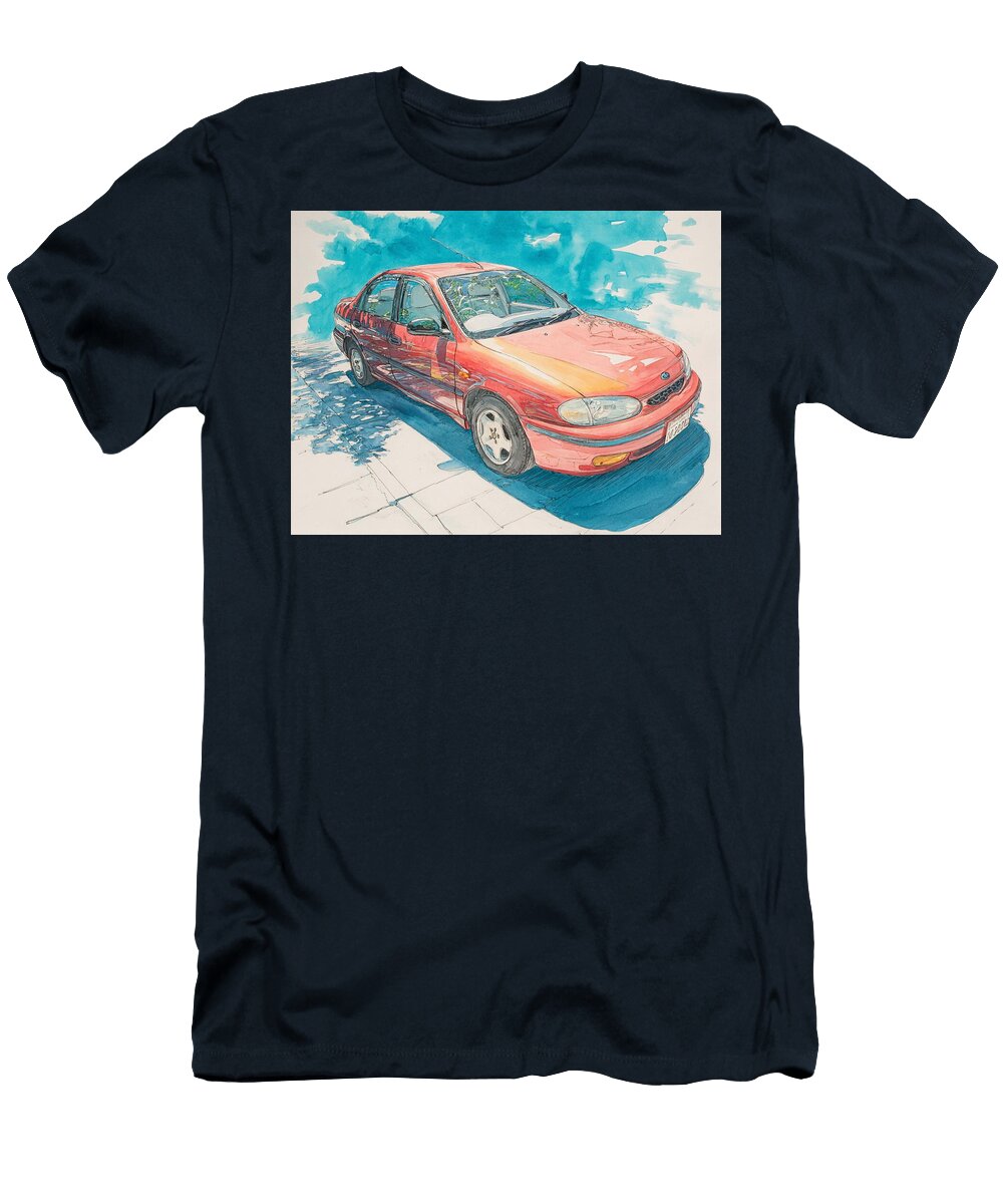 Kia Sephia 2000 Sedan Watercolor Art Red Car Drawing Watercolor Red Car Drawing Hollie Love T-Shirt