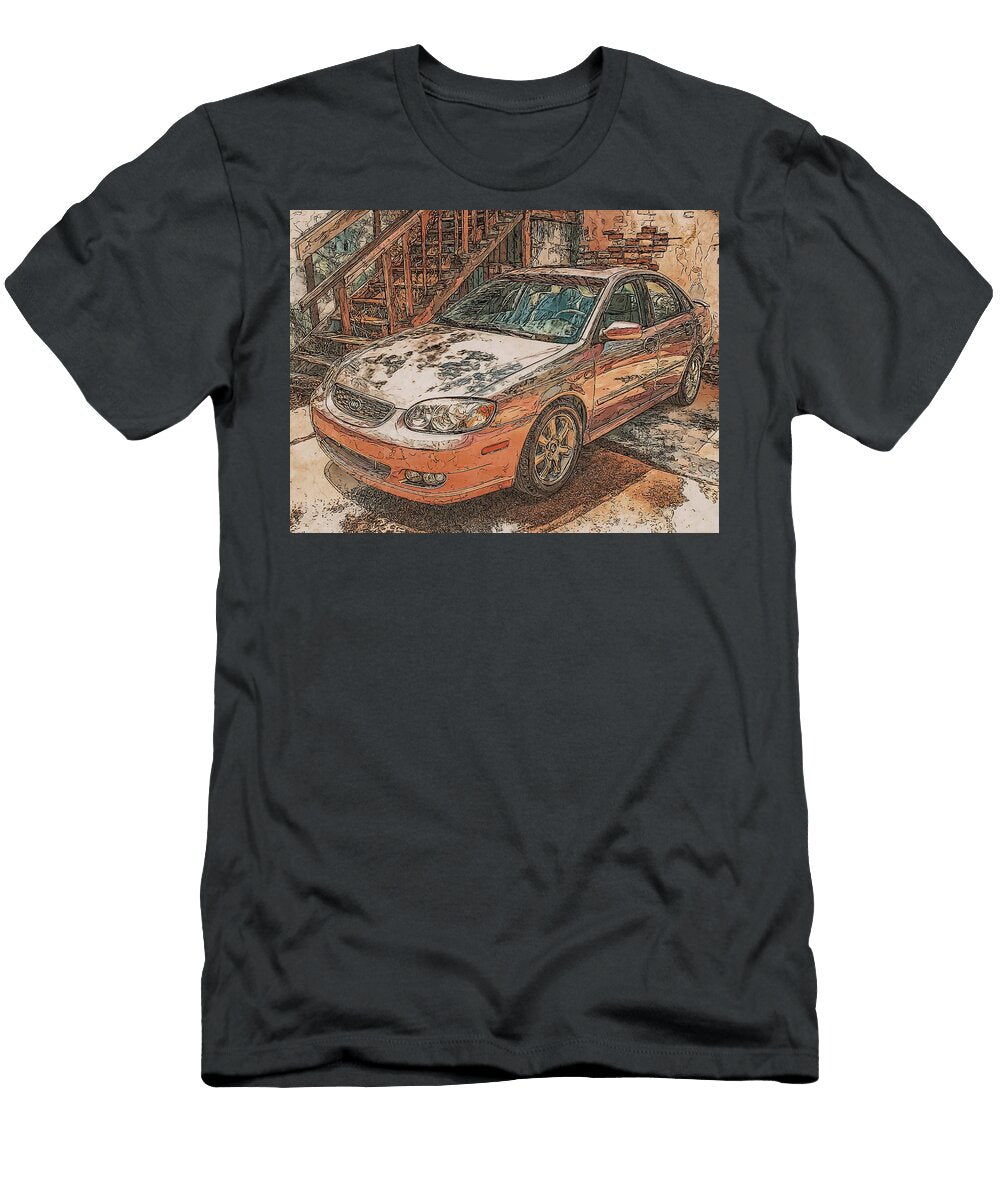 Kia Spectra 2005 Sedan Urban Scene Vintage Car Rusty Car in Urban Setting Hollie Love T-Shirt