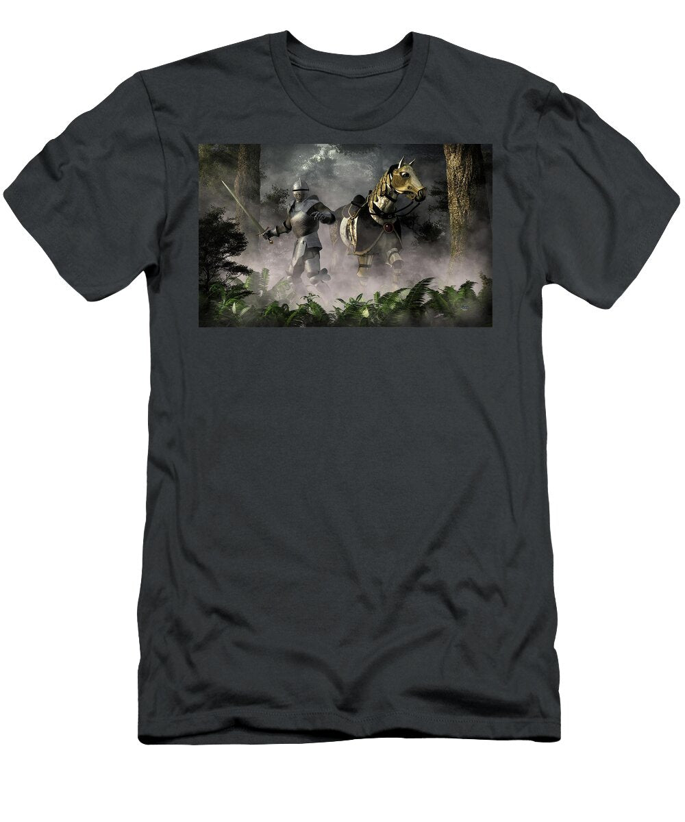 Knight and Steed in a Misty Forest Daniel Eskridge T-Shirt