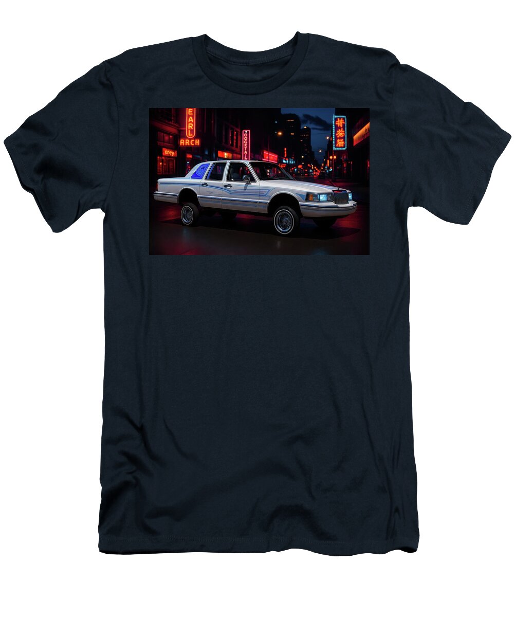 Lincoln Town Car Lowrider Neon City Night Scene Cathy Anderson T-Shirt