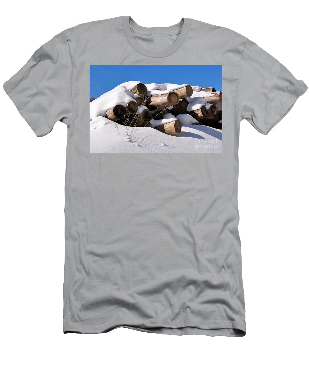Log Pile in a Snow Drift in Winter Louise Heusinkveld T-Shirt