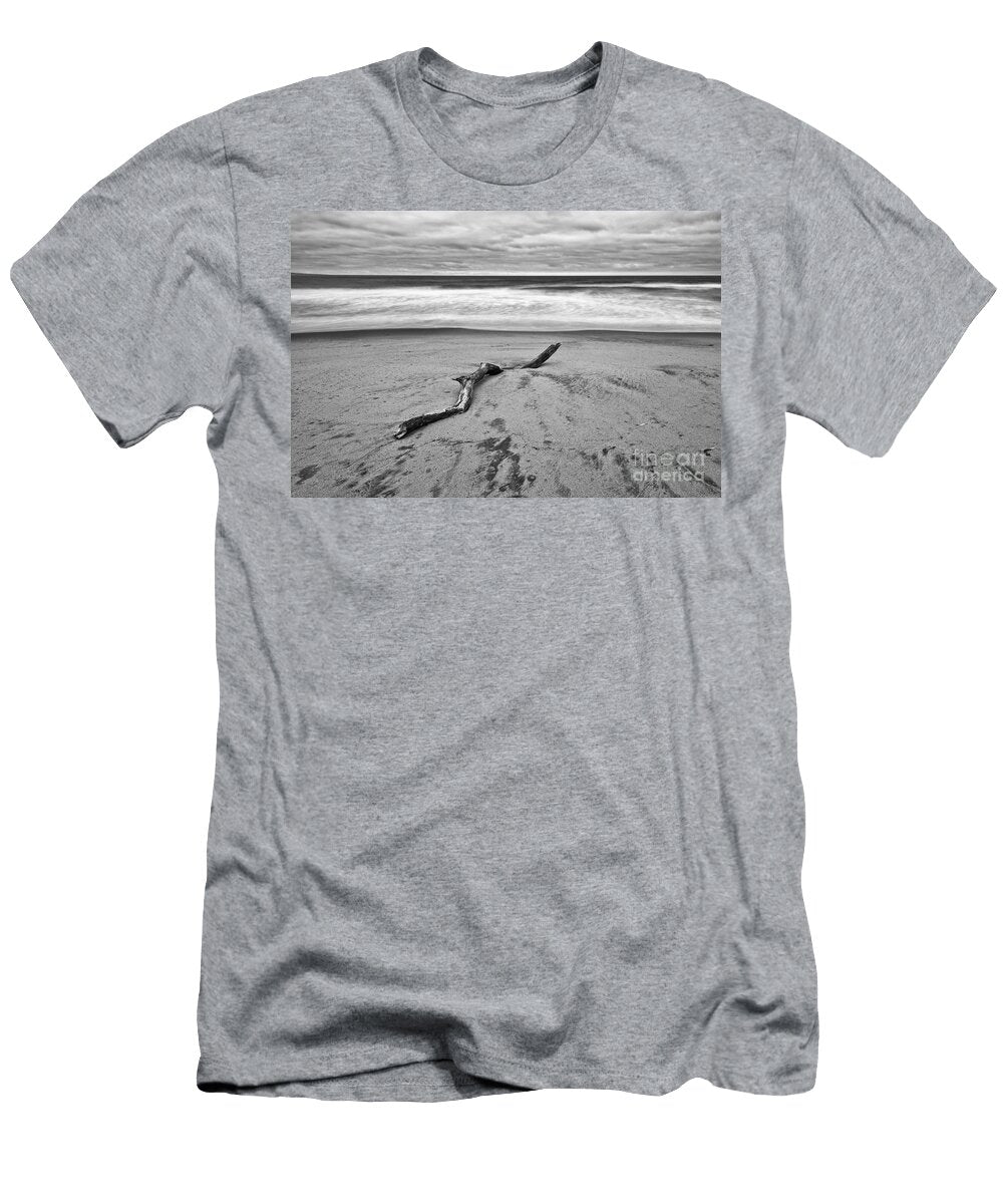 Lone Driftwood in Zmudowski State Beach in Monterey County Black and White Jamie Pham T-Shirt