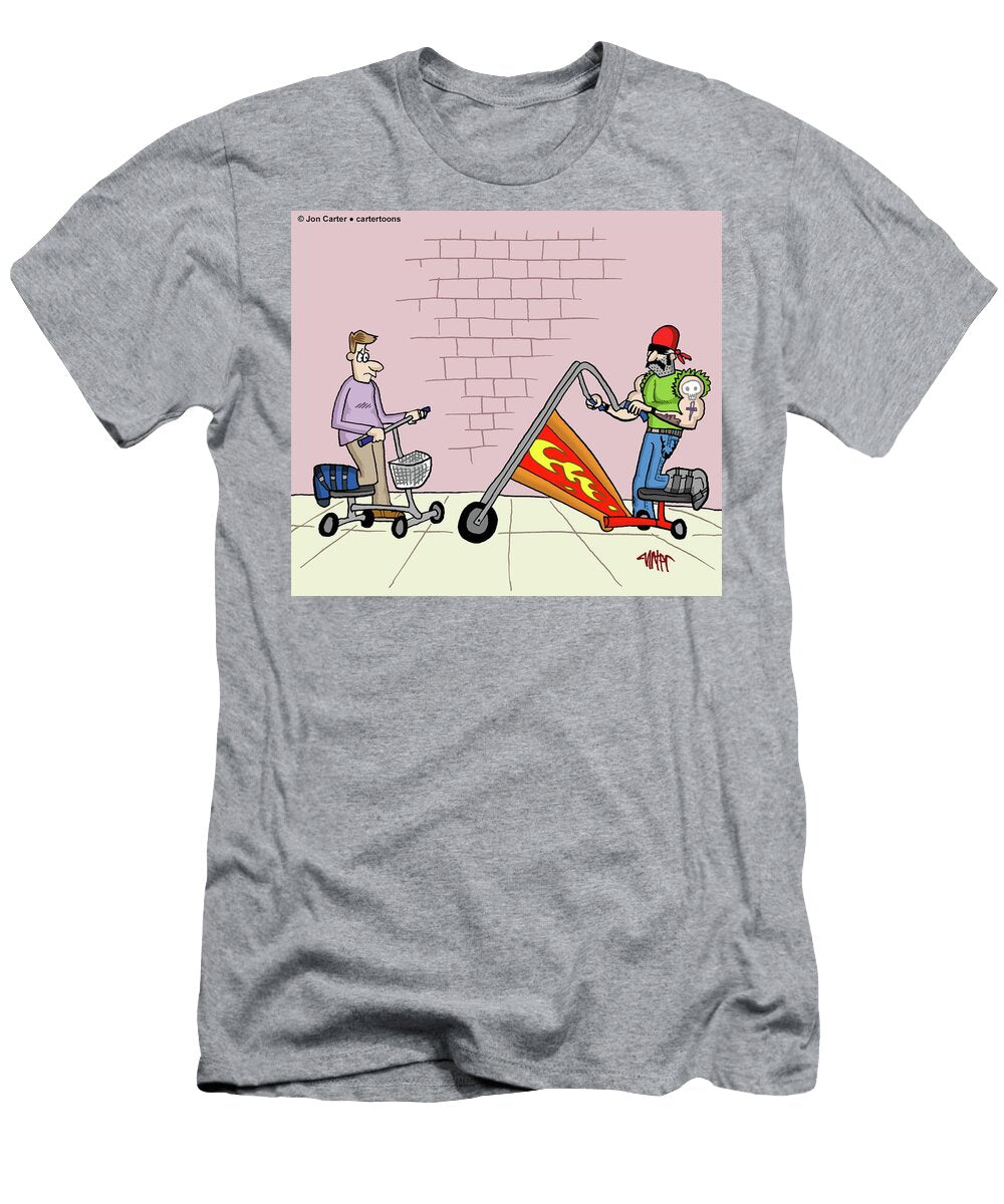 Man with Broken Leg Using Medical Scooter Sees Another Man Jon Carter T-Shirt