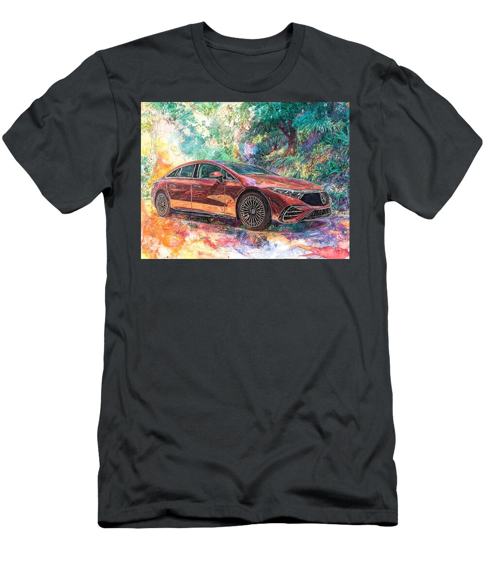 Mercedes Benz Eqs 2023 Electric Sedan Luxury Car Artistic Landscape Luxury Car in Artistic Landscape Hollie Love T-Shirt
