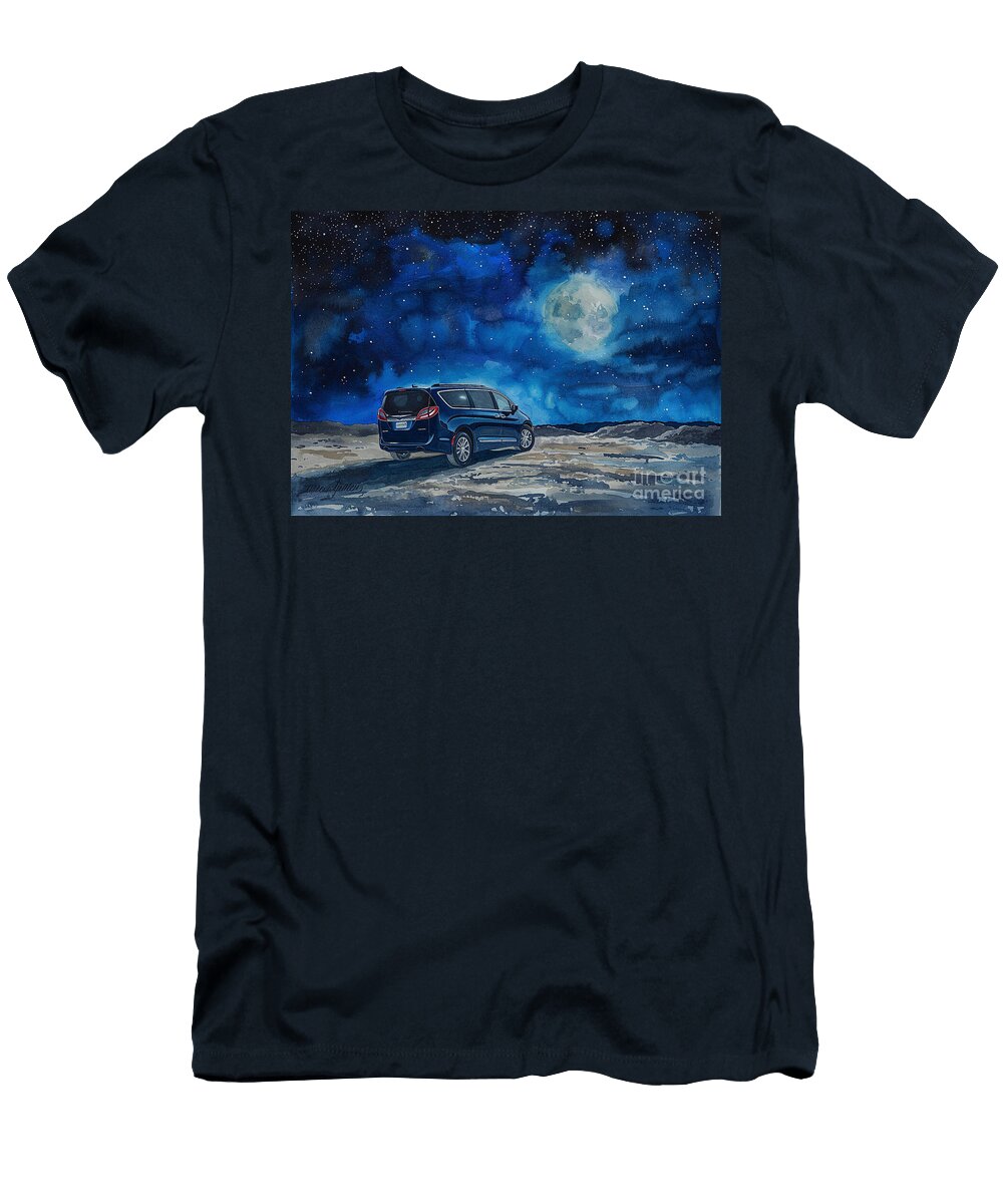 Midnight Magic a Chrysler Pacifica Gliding Through the Night Under the Glow of the Moon and Stars Eldre Delvie T-Shirt