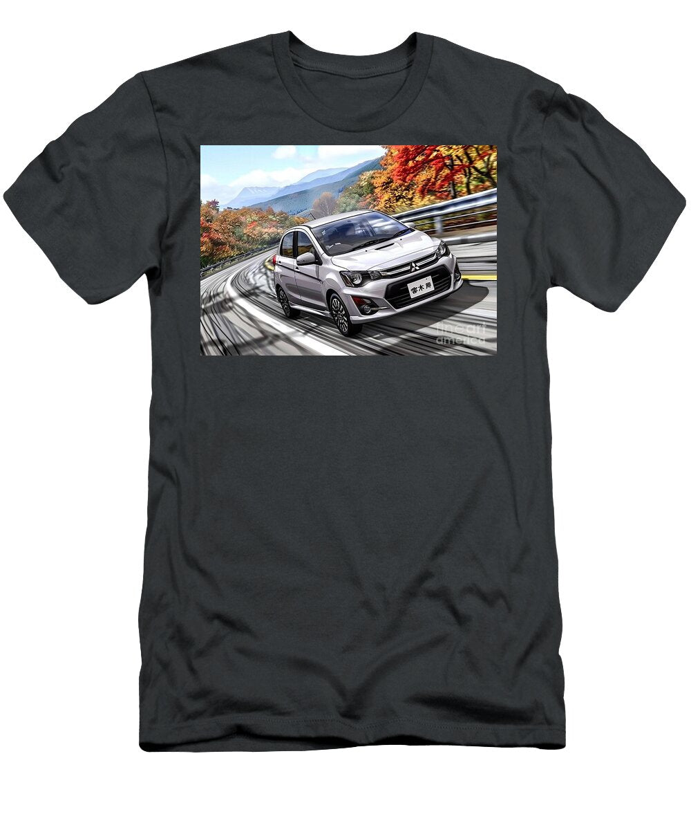 Mitsubishi Car Driving on a Winding Mountain Road in Autumn Destiney Sullivan T-Shirt