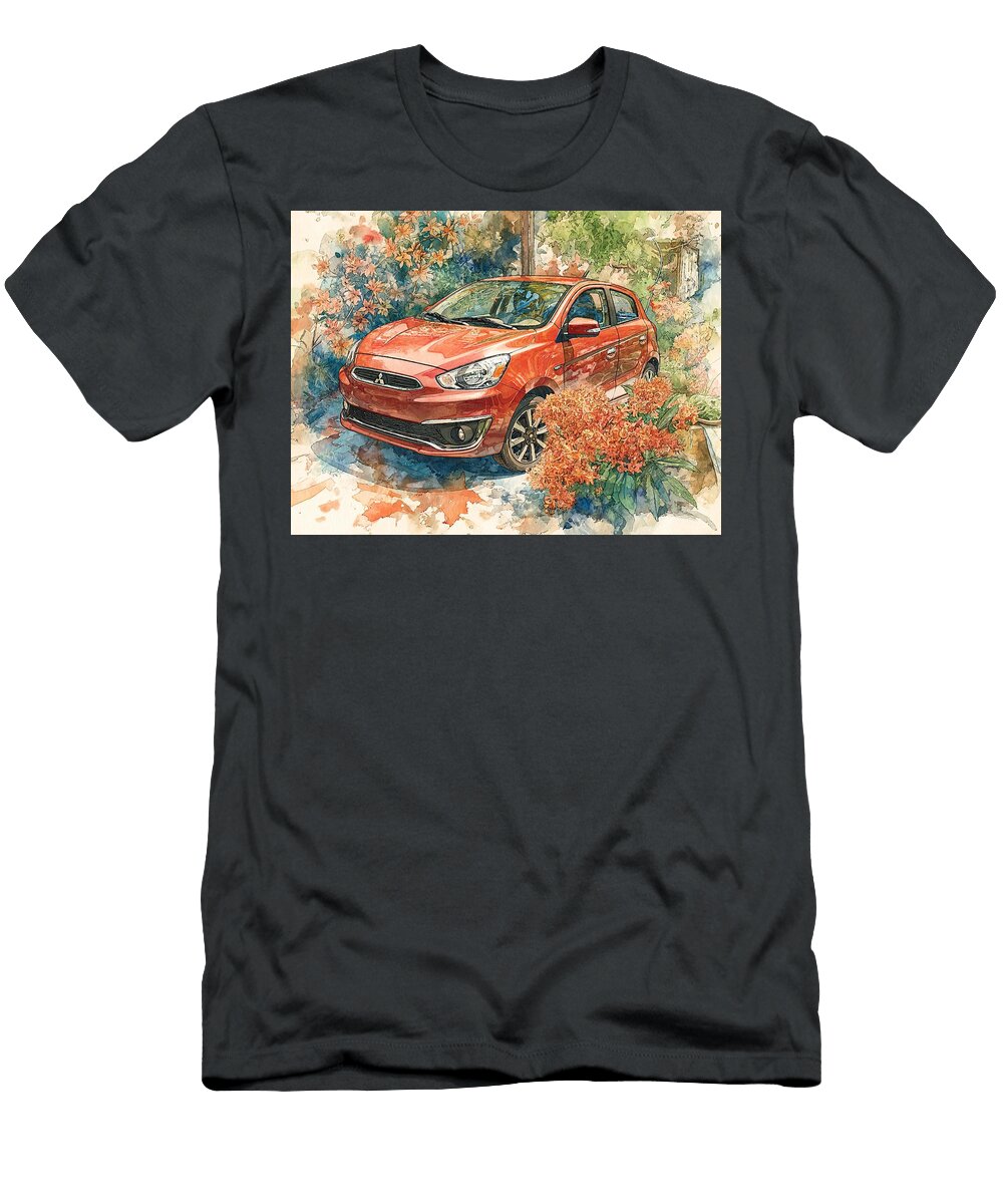 Mitsubishi Mirage 2015 Hatchback Vibrant Art Floral Car Red Car and Flowers Hollie Love T-Shirt