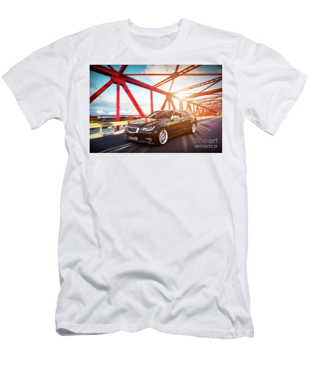 Modern Black Metallic Sedan Car on the Bridge Road Generic Desing Brandless Michal Bednarek T-Shirt
