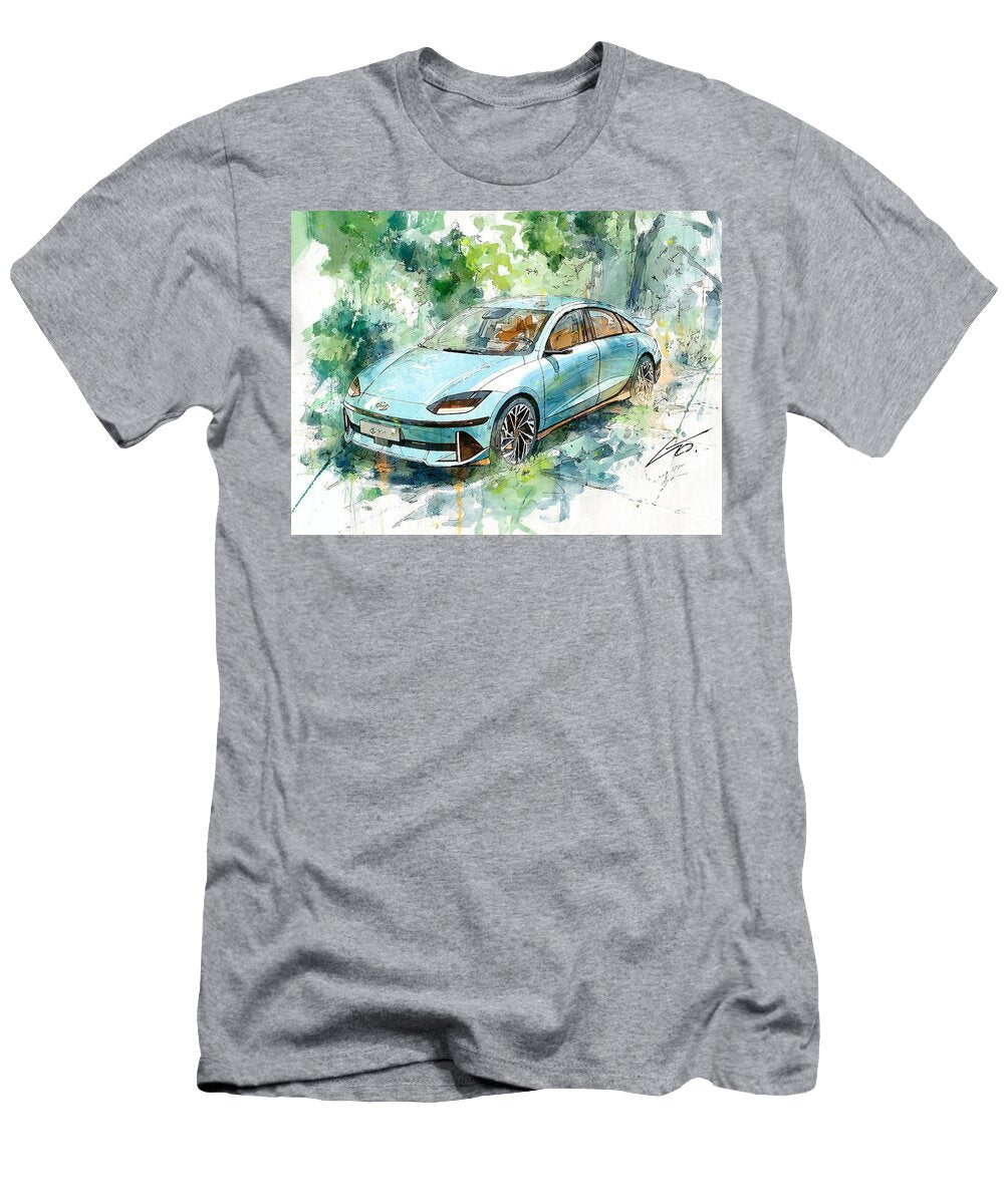 Modern Car Hyundai Ioniq 6 2023 Electric Sedan Nature Scene Blue Car in Nature Hollie Love T-Shirt