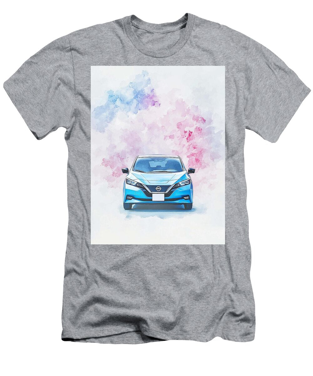 Modern Car Illustration a Nissan Leaf 2021 Sv Blue Hatchback Electric Japanese Electric Vehicle Desi Henry George T-Shirt