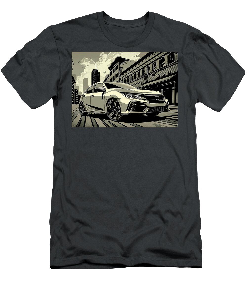 Modern Honda Civic Hatchback Car Illustration in Urban Cityscape Black and White Street Art Design Destiney Sullivan T-Shirt