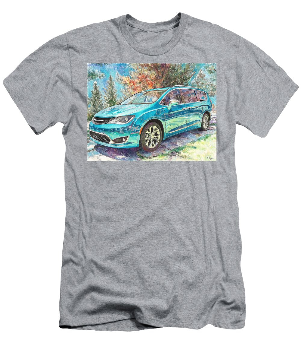 Modern Vehicle Chrysler Pacifica Hybrid 2017 Minivan Nature Scene Teal Car in Scenic Landscape Hollie Love T-Shirt