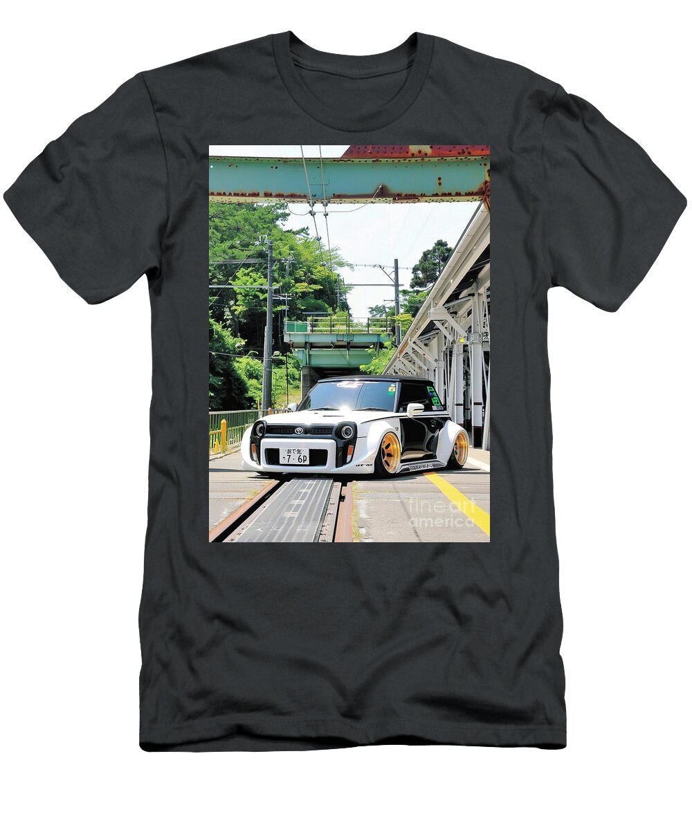 Modified Japanese Toyota Bb Open Deck Car on Train Tracks Lowell Harann T-Shirt